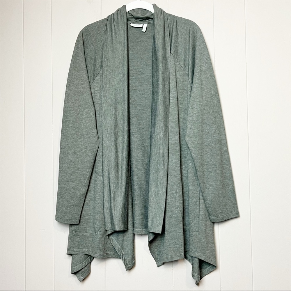 LOGO Lori Goldstein stretch knit cardigan medium open front gray green‎ neutral - Picture 10 of 10